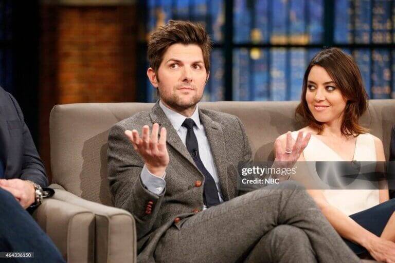 Parks and Recreation Late Night with Seth Meyers - Season 2 LATE NIGHT WITH SETH MEYERS -- Episode 0169 -- Pictured: (l-r) Adam Scott and Aubrey Plaza of 'Parks and Recreation' during an interview on February 24, 2015 -- (Photo by: Lloyd Bishop/NBCU Photo Bank/NBCUniversal via Getty Images via Getty Images)