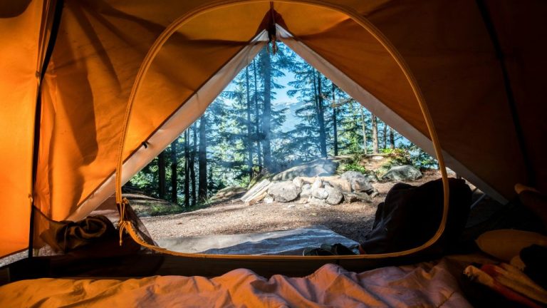 The entrance to a tent. This is the featured image for the article on camping locations. Image courtesy of Unsplash.com. https://unsplash.com/photos/orange-camping-tent-near-green-trees-y8Ngwq34_Ak