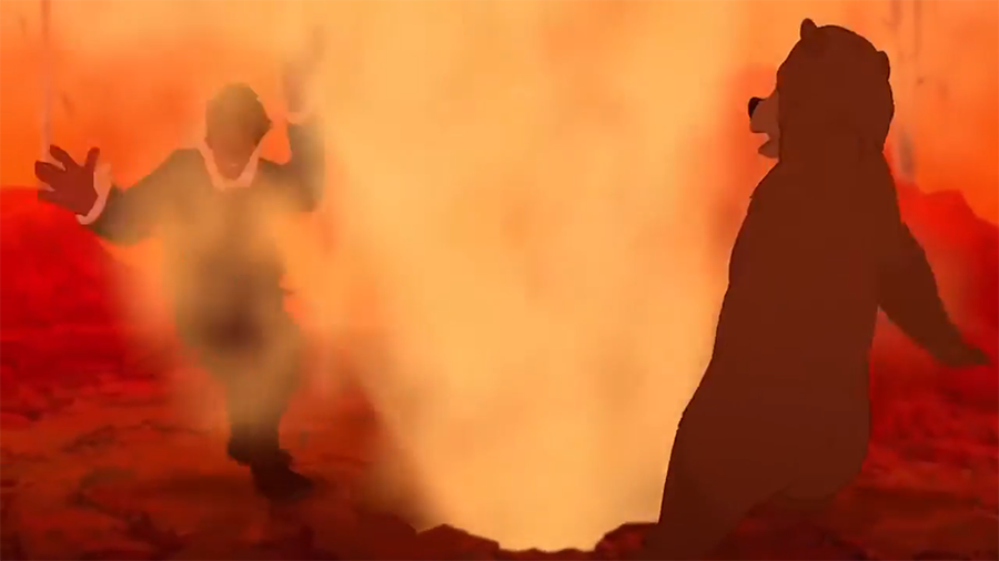 Kenai evades his brother Denahi in a lava field.