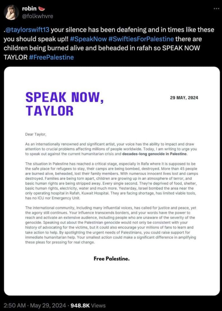 #SwiftiesForPalestine: Swifties Urge Taylor Swift to Speak Up About Gaza – May 29, 2024