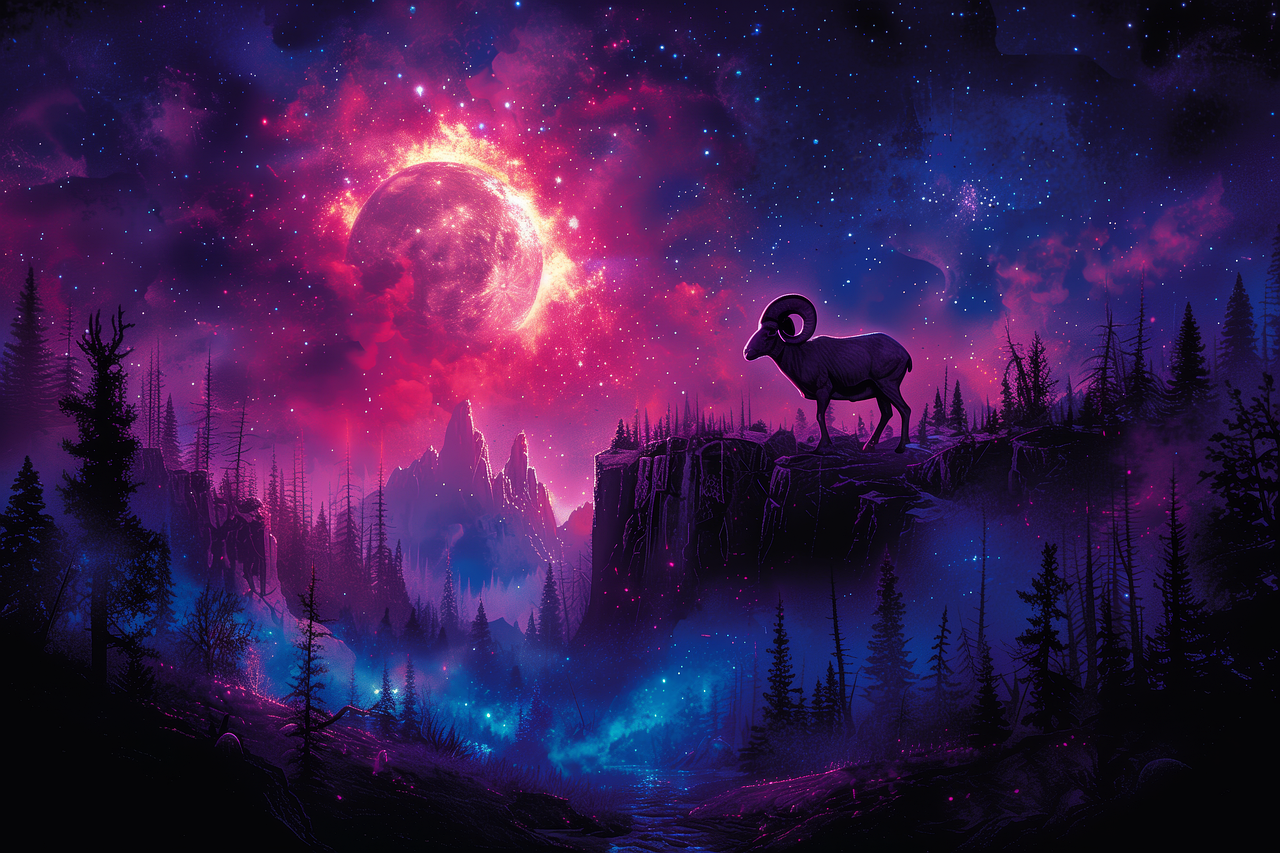 A majestic ram stands on a mountain peak against a backdrop of a vibrant purple sky.