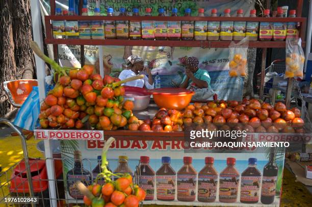 foods in Colombia. View of a chontaduro stall in Cali, Colombia on February 1, 2024. The peak of the harvest season for this aphrodisiac fruit, popular in south western Colombia, takes place between the months of January and February.
