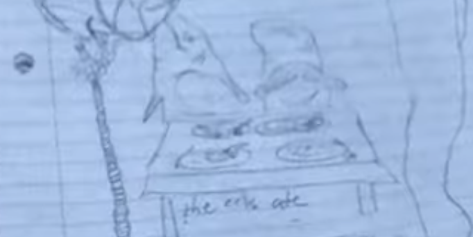 Temple Grandin's French Notebook Drawing "the eels ate"