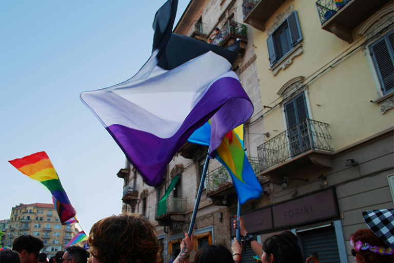 The pride flag for asexuality, featuring a black, gray, white, and purple stripe, waving in the air.