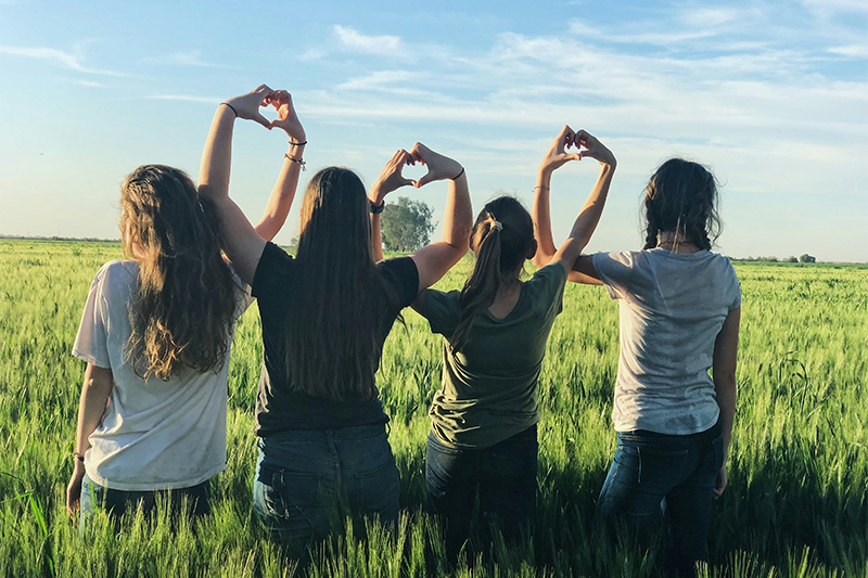 Four girls in a field making heart shapes with their hands.