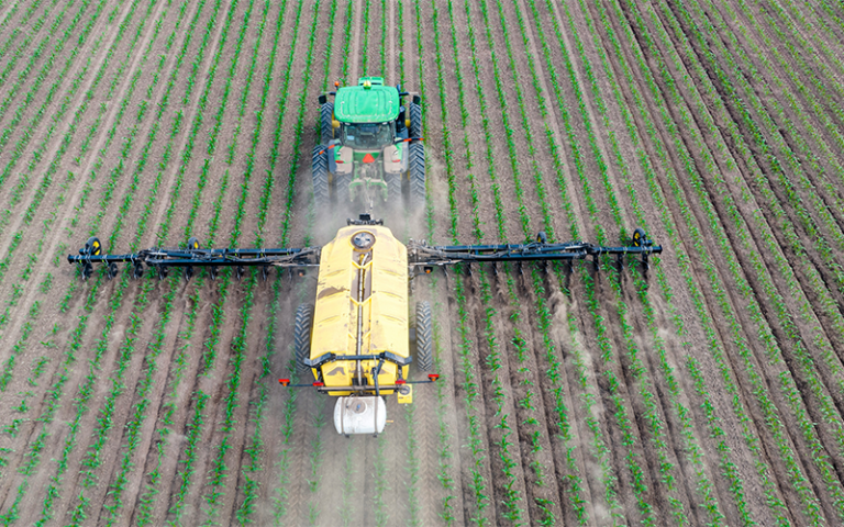 Tractor spreading fertilizer, which anhydrous ammonia is commonly used as, on a corn field.