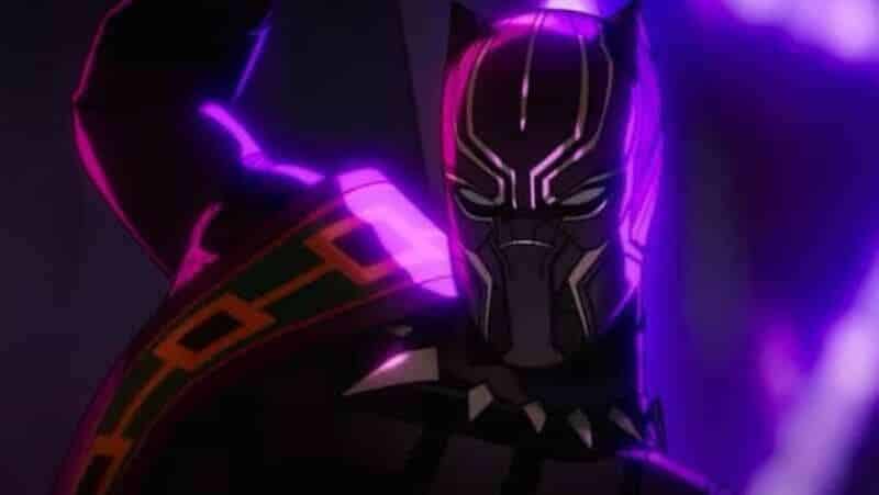 Black Panther in animated form surrounded by the vibrant world of Wakanda, as depicted in "Eyes of Wakanda."