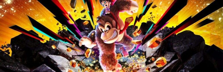 Donkey Kong Bananza artwork with what appears to be Young Pauline on DK's back.