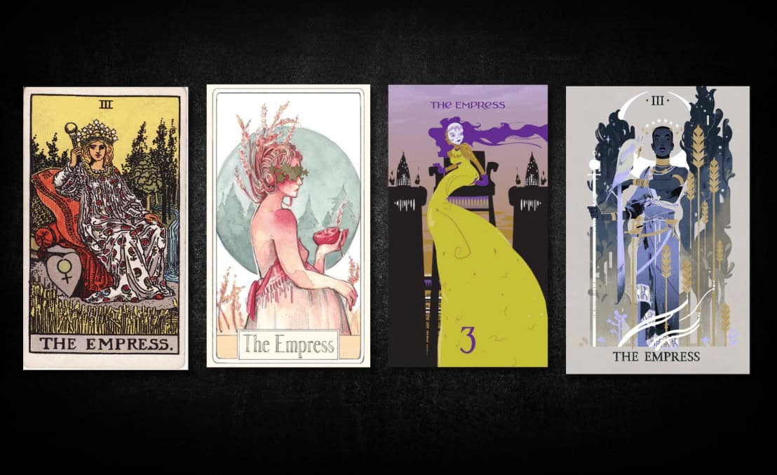 The Empress, as found in: Rider Waite, Comparative Tarot, Silicon Dawn Tarot, Spheres of Heaven Tarot