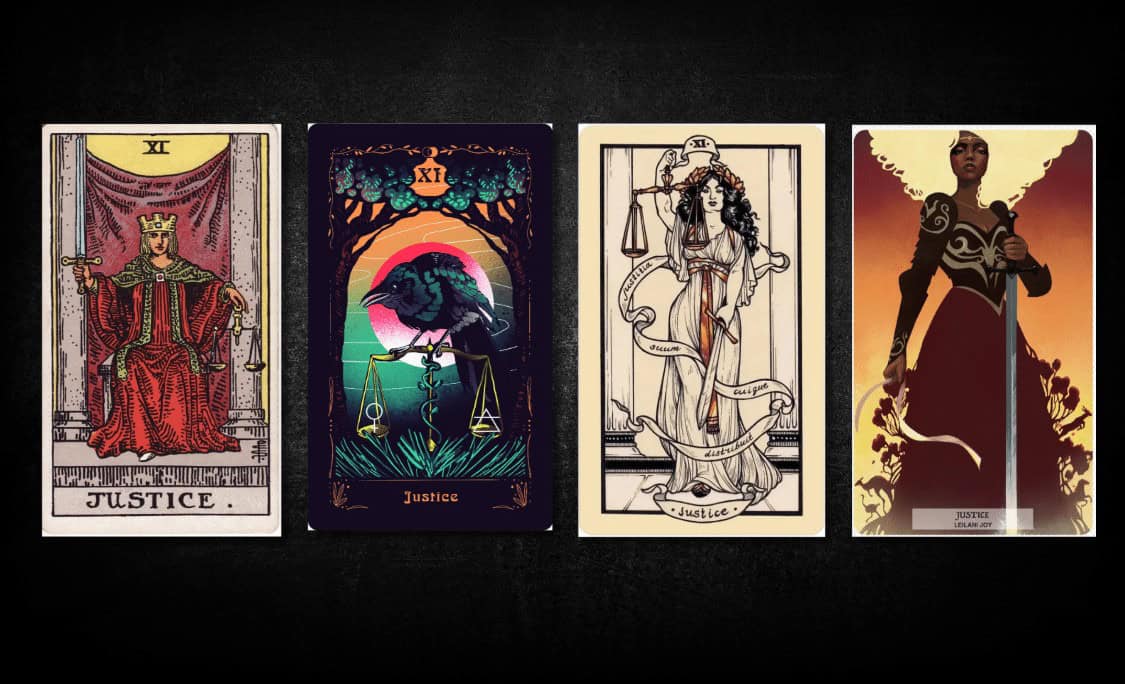 Justice, as found in: Rider Waite, Occult Ornithology, Fyodor Pavlov Tarot, Leilani Joy Tarot