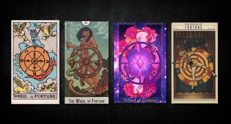 Wheel of Fortune, as found in: Rider Waite, This Might Hurt Tarot, Fudou Tarot, Madam Medusa Tarot