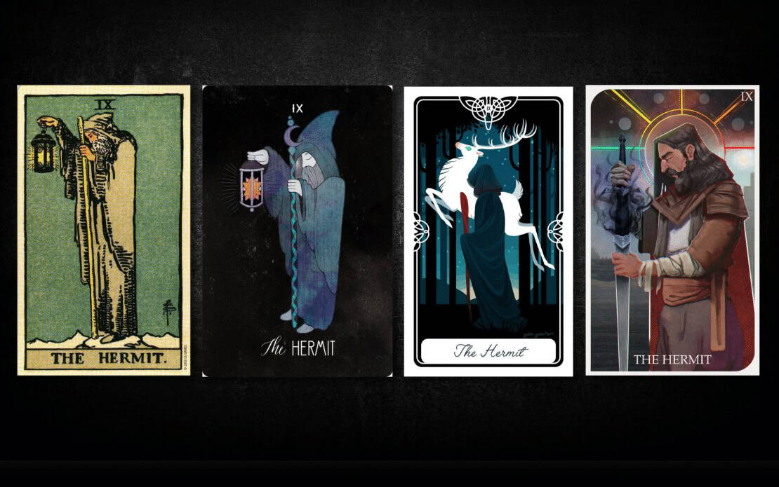 Hermit, as found in: Rider Waite, Inspirational Tarot, Fairytale Tarot, Cosmere Tarot