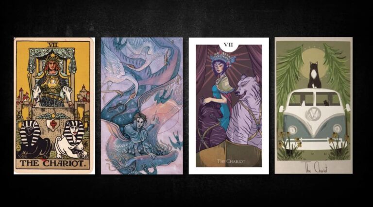 The Chariot, as found in: Rider Waite, Blood Moon Tarot, Light Grey Tarot, Considerate Cat Tarot