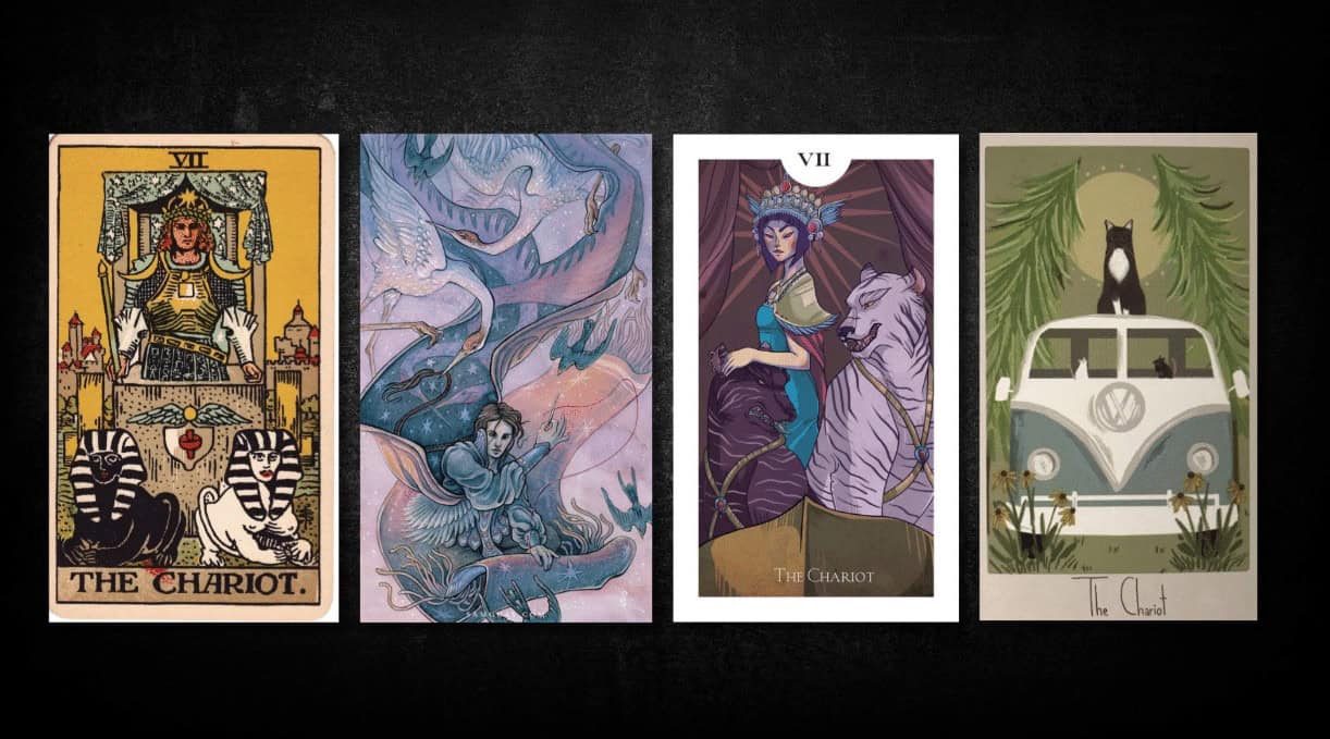 The Chariot, as found in: Rider Waite, Blood Moon Tarot, Light Grey Tarot, Considerate Cat Tarot