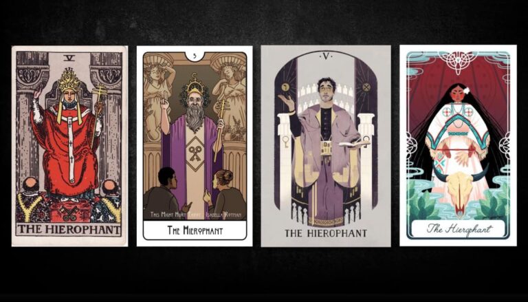 The Hierophant, as found in: Rider Waite, This Might Hurt Tarot, Sephirot Tarot, Fariytale Tarot
