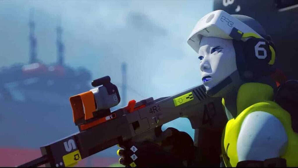 A Runner in a white helmet and yellow armor aims a rifle in Bungie's Marathon, the game covered in this Marathon beginner guide