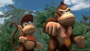 Donkey Kong Bananza Diddy Kong and Donkey Kong pointing towards the viewer.