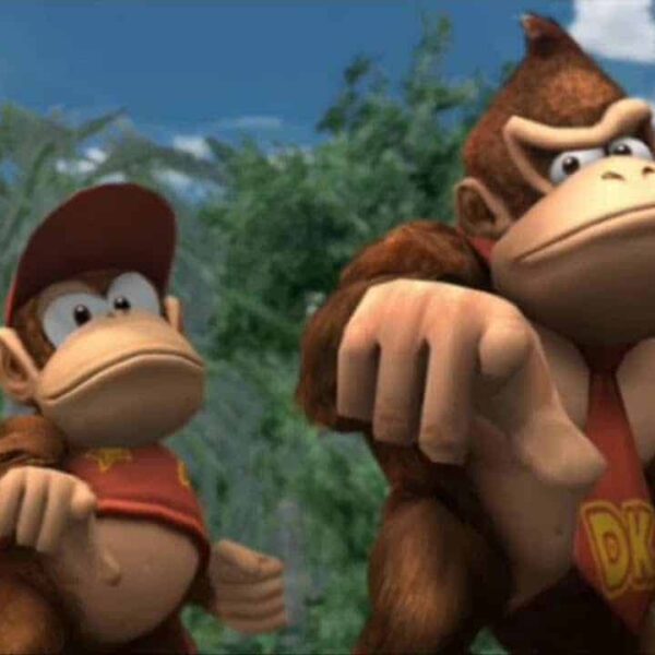 Donkey Kong Bananza Diddy Kong and Donkey Kong pointing towards the viewer.