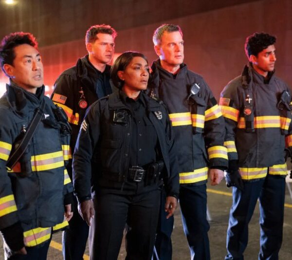 Cast of 9-1-1, including Peter Krause, Angela Bassett, Kenneth Choi, Oliver Stark, and Anirudh Pisharody. Courtesy of Disney+, 911