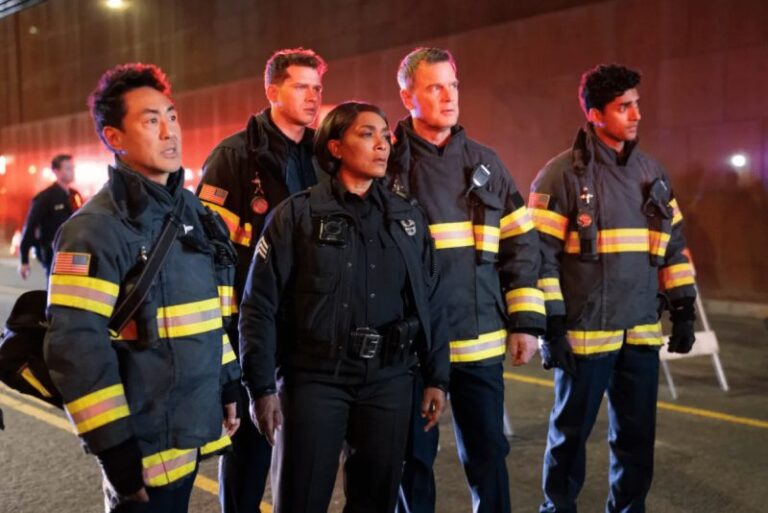 Cast of 9-1-1, including Peter Krause, Angela Bassett, Kenneth Choi, Oliver Stark, and Anirudh Pisharody. Courtesy of Disney+, 911