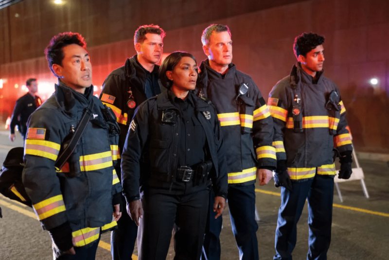 Cast of 9-1-1, including Peter Krause, Angela Bassett, Kenneth Choi, Oliver Stark, and Anirudh Pisharody. Courtesy of Disney+, 911
