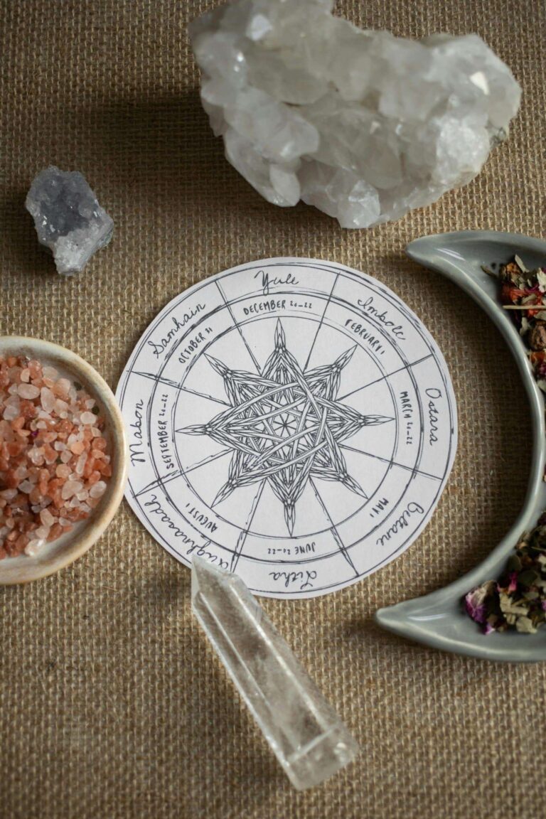 A decorative Wheel of the Year surrounded by crystals and herbs, symbolizing modern paganism. Beltane