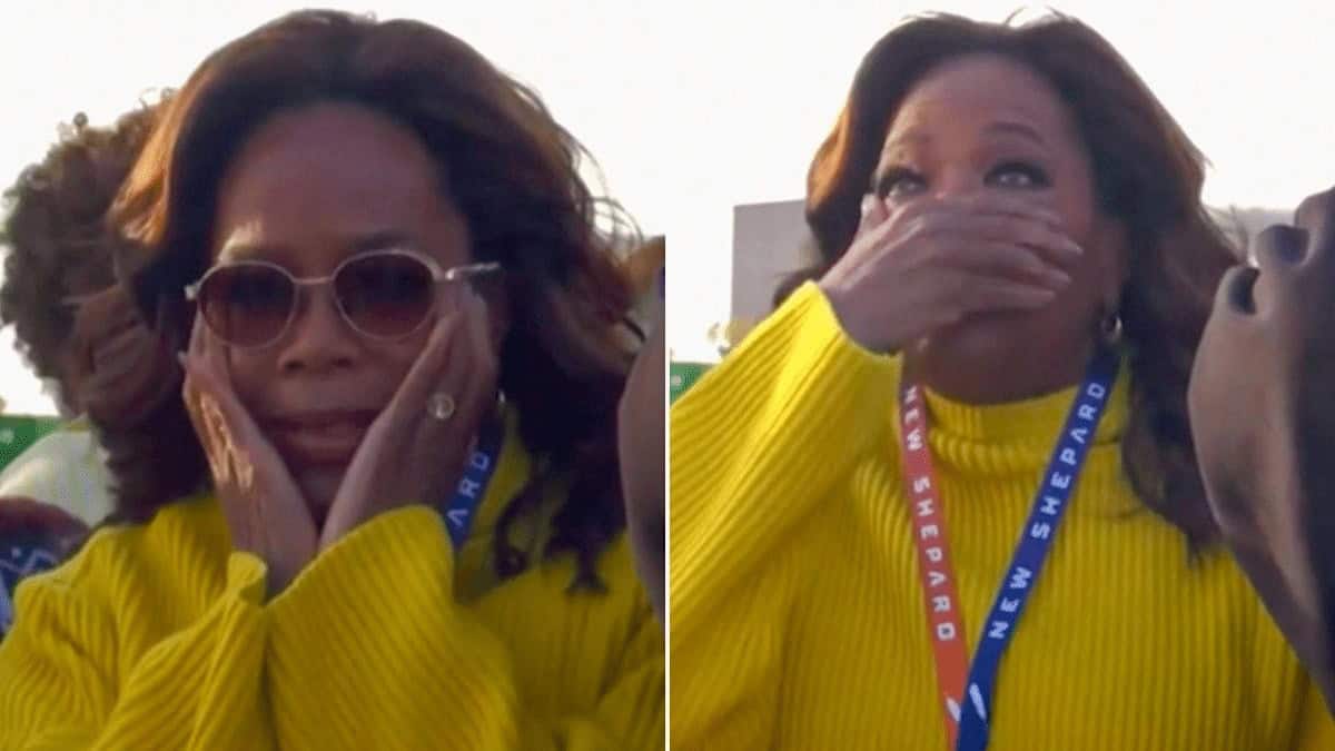 Image of Oprah Winfrey Getting Emotional to Gayle King's Blue Origin Spaceflight