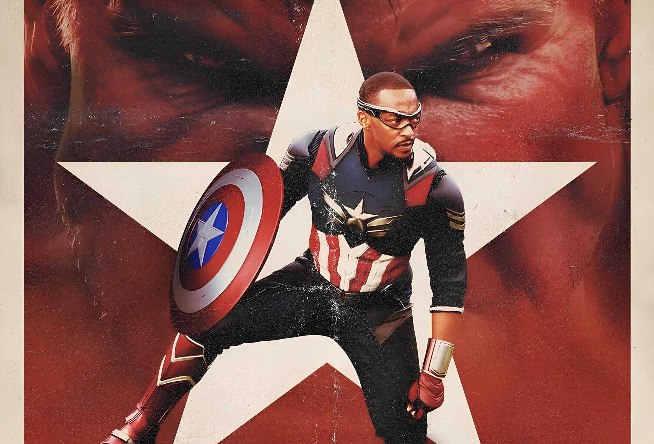 Captain America Brave New World promotional image with Anthony Mackie as Sam Wilson/Captain America at the forefront with a red background and debut date of May 28 for Disney Plus release