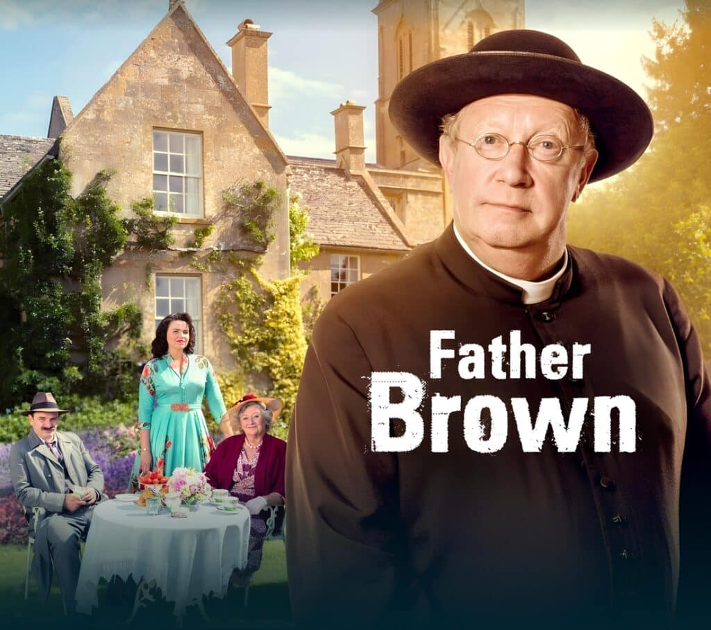 promotional image for the uk based tv show Father Brown on BritBox with actor Mark Williams at the front