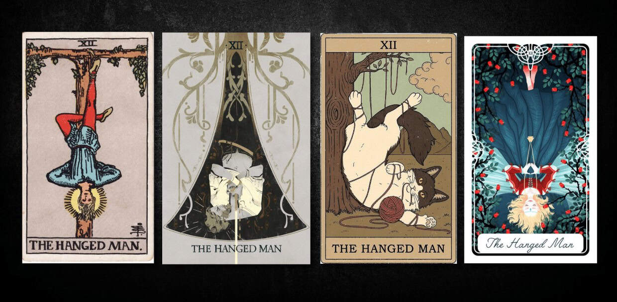 The Hanged Man, as found in: Rider Waite, Sefirot Tarot, Cat Tarot, Fairytale Tarot