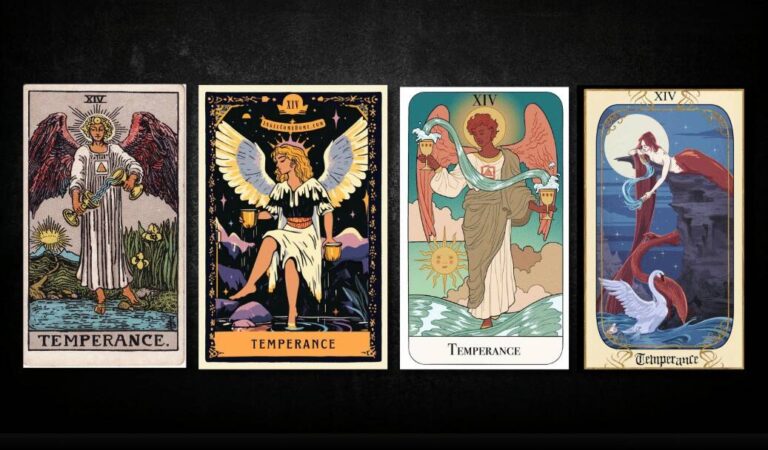 Temperance, as found in: Rider Waite, Angel Come Home Tarot, Essential Tarot, Alexandria Huntington Tarot
