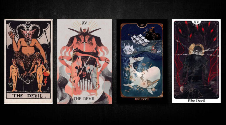 Devil, as found in: Rider Waite, Sefirot Tarot, Comparative Tarot, Timely Tarot