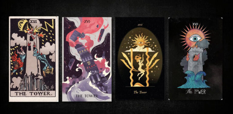 Tower, as found in: Rider Waite, Comparative Tarot, Cocorrina Tarot, Inspirational Tarot