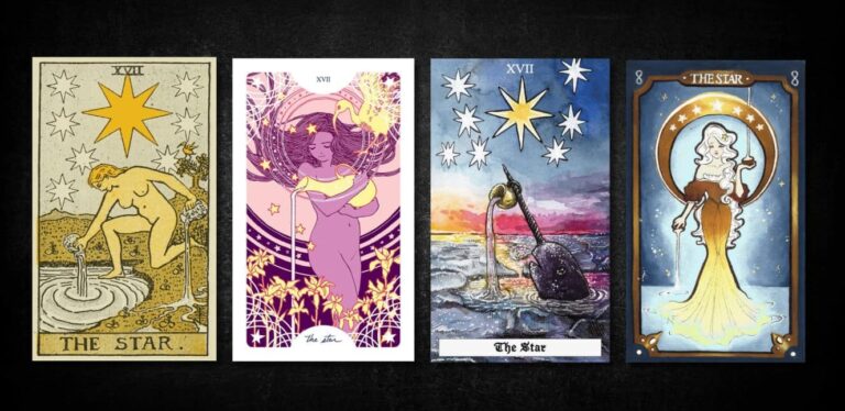 The Star, as found in: Rider Waite, Starspinner Tarot, Comparative Tarot, Echo Koral