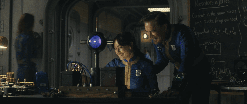 A character in Power Armor from the Fallout TV series, a popular science fiction show set after the disaster.