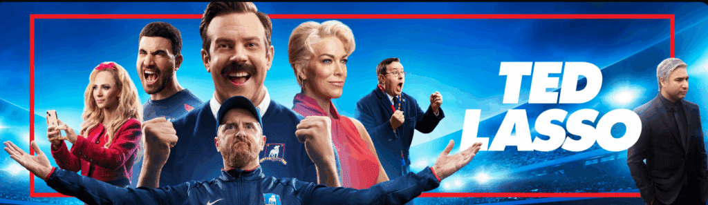 Ted Lasso Season 3 promotional art featuring the main cast, a popular Apple TV+ show known for its heartwarming comedy.