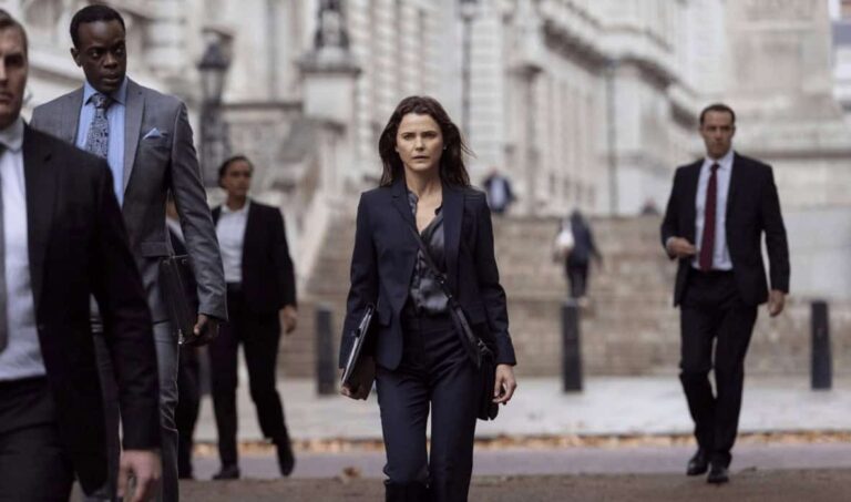 Keri Russell as Kate Wyler in a thoughtful pose from The Diplomat, a political Netflix show.
