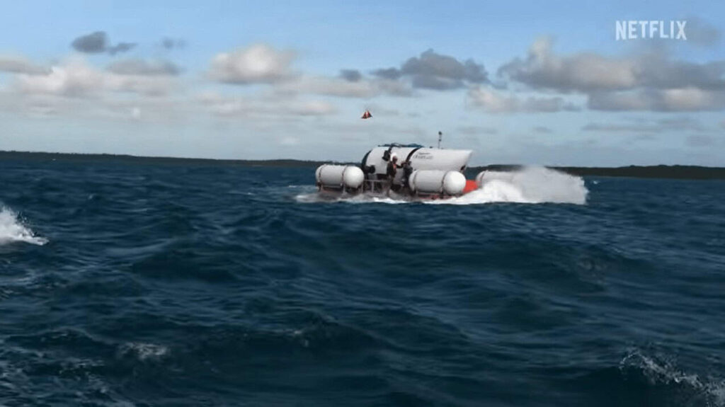 The Titan submersible on the water, from the OceanGate Netflix Series about the Titan disaster.