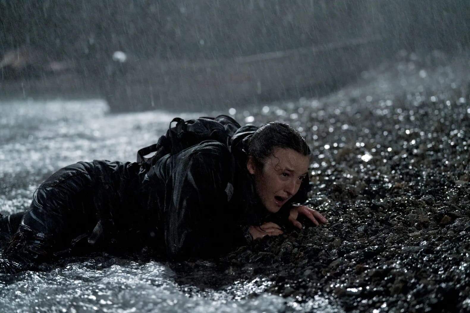 The Last of Us Season 2 Finale, Bella Ramsey as Ellie crawling up the Seraphite beach, Set Decorators Society of America Award winner