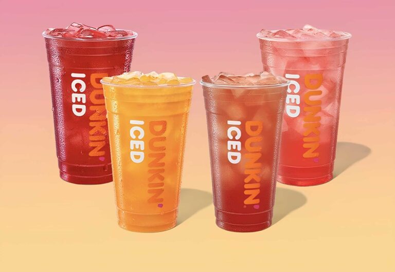 Four colorful Dunkin' iced refreshers