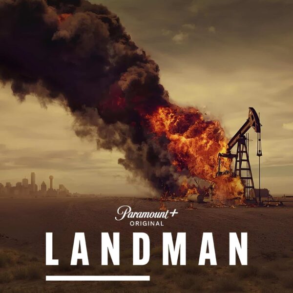 Landman promotional image of an oil field in the middle of nowhere, on fire.