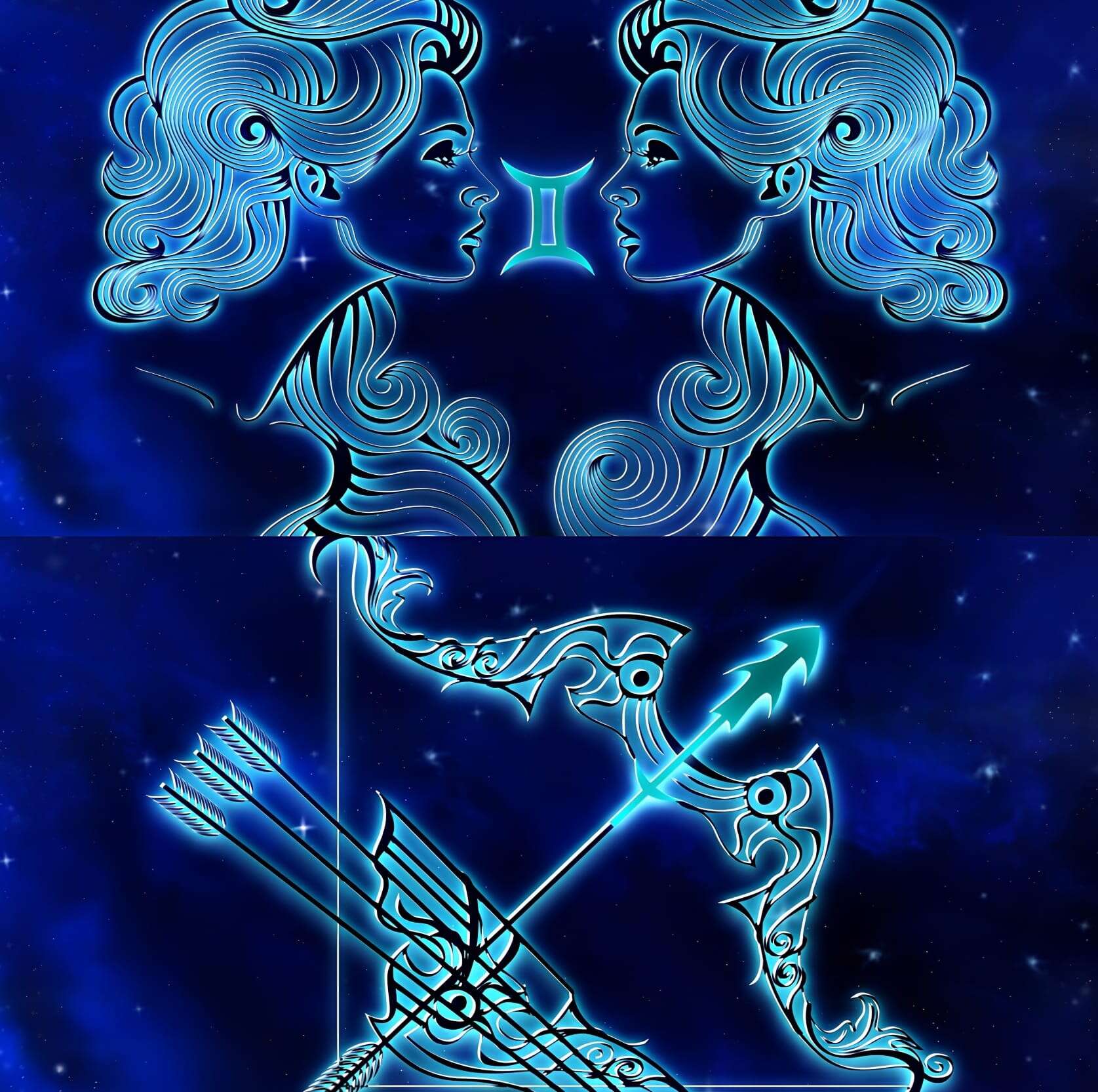edited image of the zodiac signs Gemini and Sagittarius symbols
