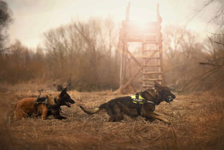 German Shepherd dogs running energetically in a grassy outdoor setting with distinct sun rays during natural disaster