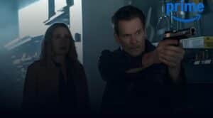 Actor Kevin Bacon and artist Jennifer Nettles in a promotional image screenshotted from amazon prime video for the tv show the bondsman