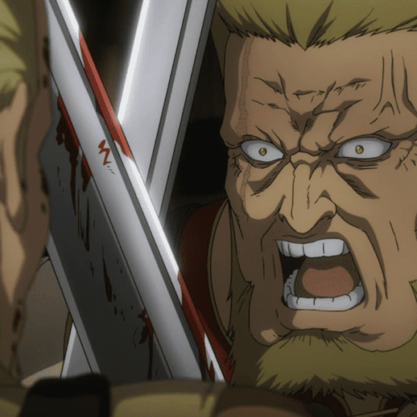 A fierce fight with Thorfin from Vinland Saga, with a man screaming, holding a blood-stained sword.