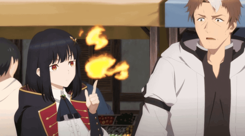 Two faces from the anime 'From Old Country Bumpkin to Master Swordsman': one young man and one older man with glowing eyes.