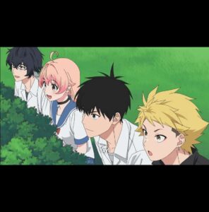 Witch Watch Episode 9, Nico and her friends hide behind bushes