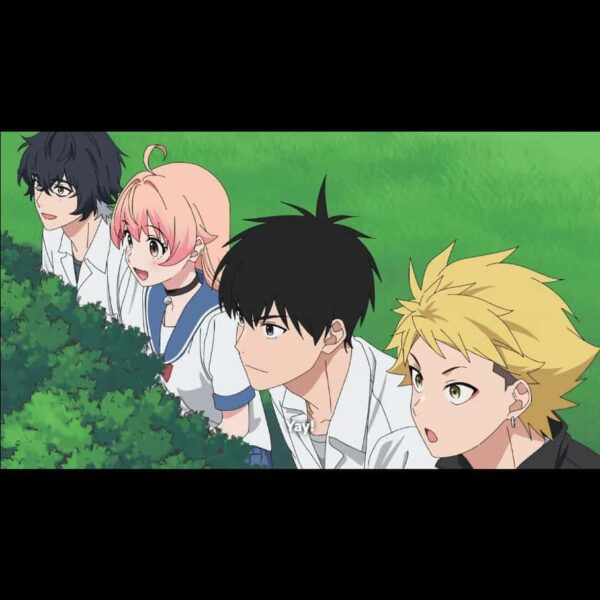Witch Watch Episode 9, Nico and her friends hide behind bushes