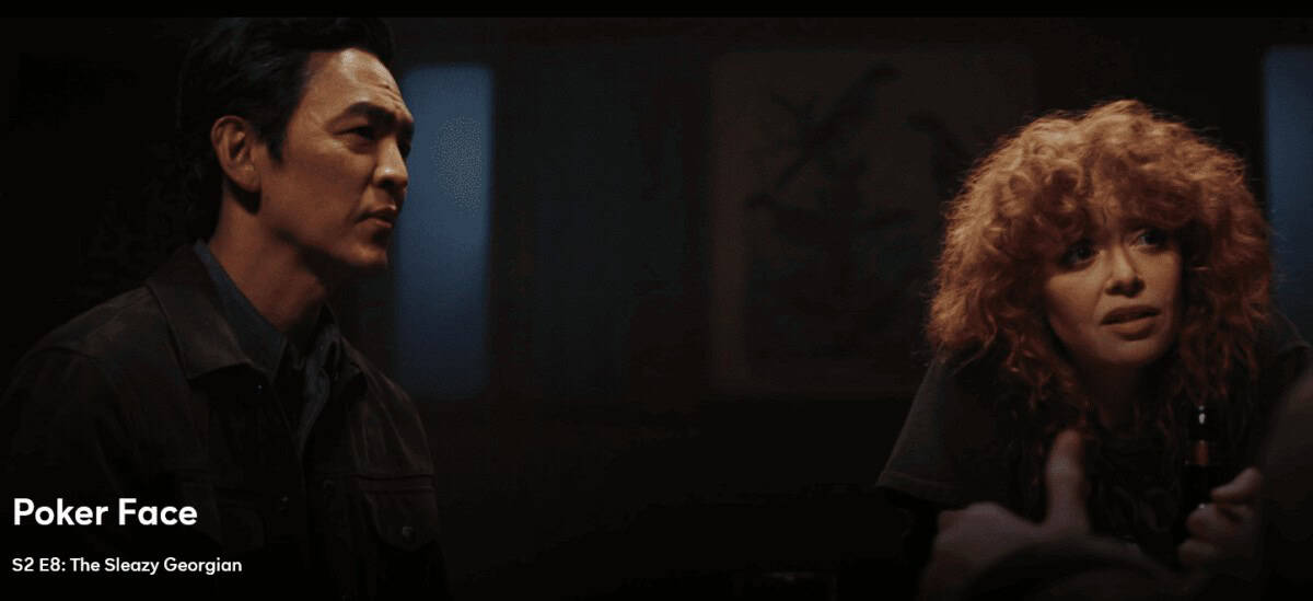 Poker Face Season 2 Episode 8 screenshot of Natasha Lyonne as Charlie and John Cho as Guy