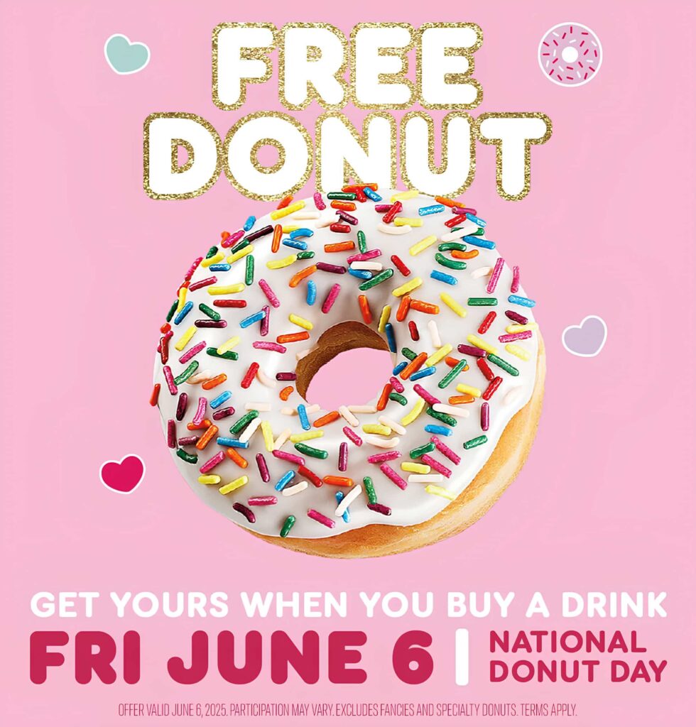 Dunkin' National Donut Day deal promotional image for free donut 